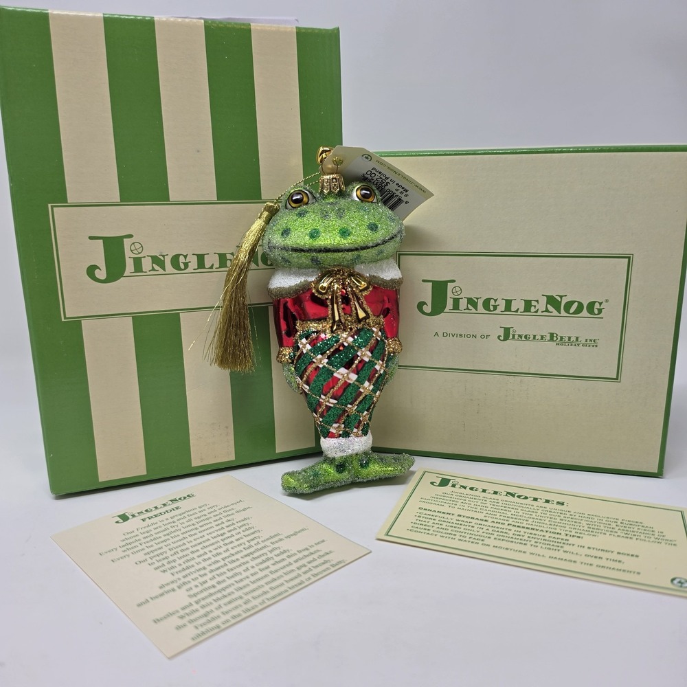 NIB JingleNog Freddie Frog Ornament #80211 Hand Blown & Painted in Poland